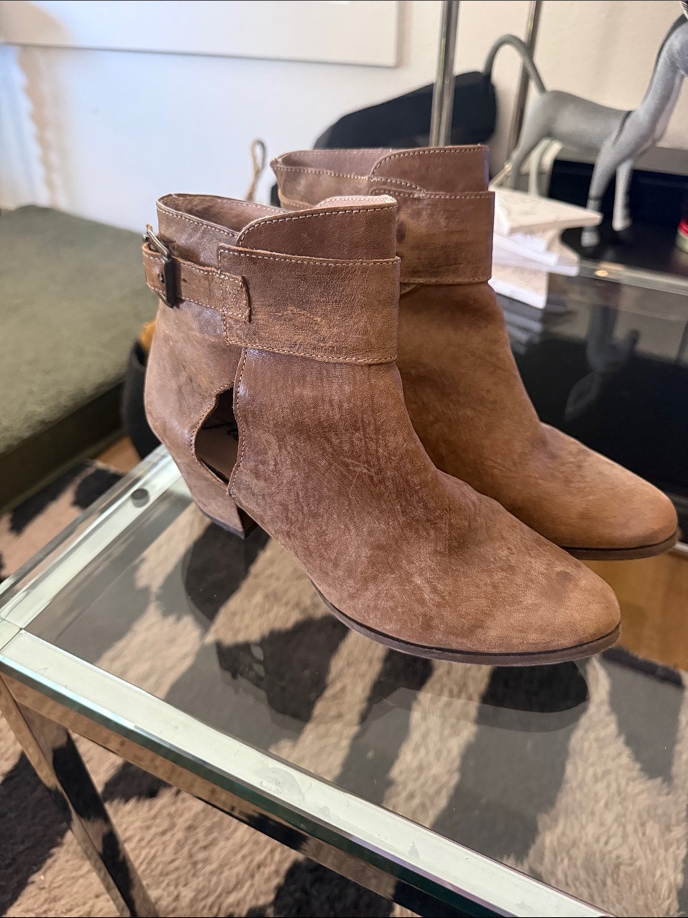 Free People Tan Leather Cutout Ankle Booties with Buckle